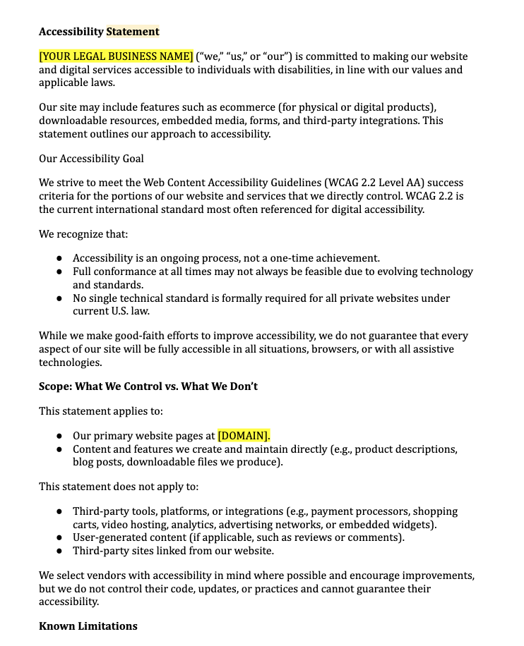Website Accessibility Statement Template