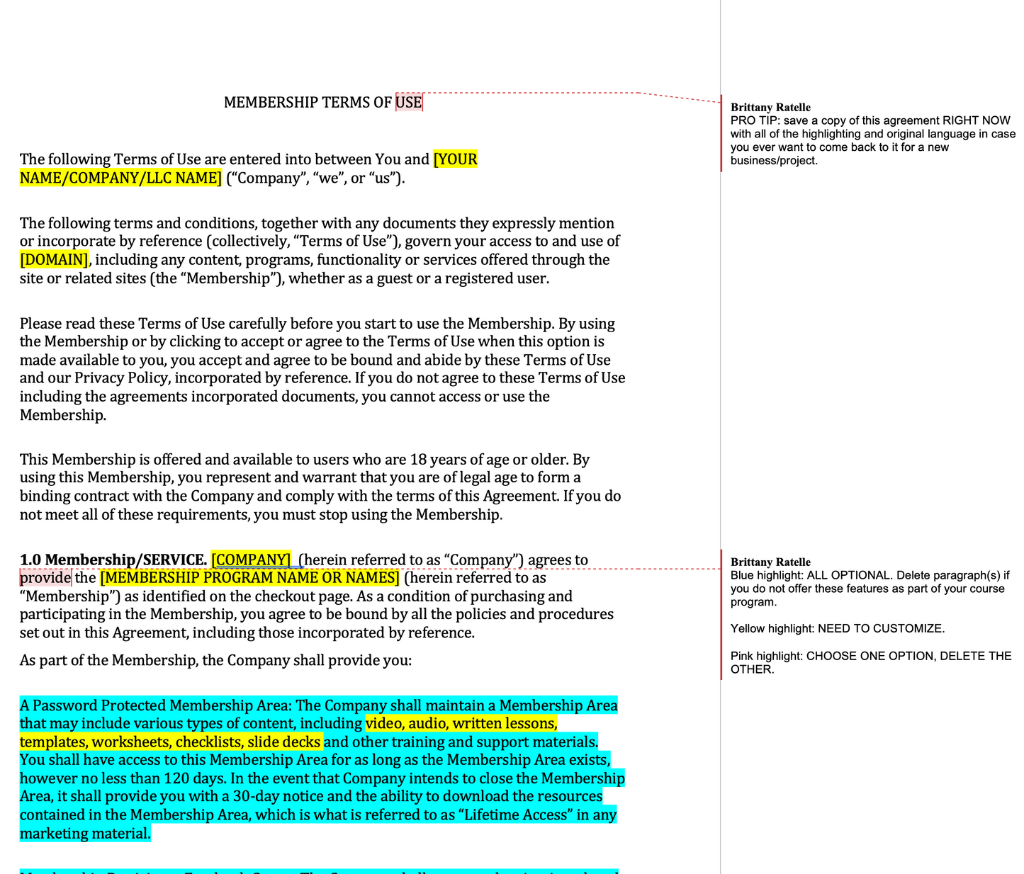 Membership Terms of Use/ TOU Template