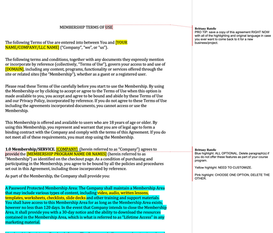 Membership Terms of Use/ TOU Template