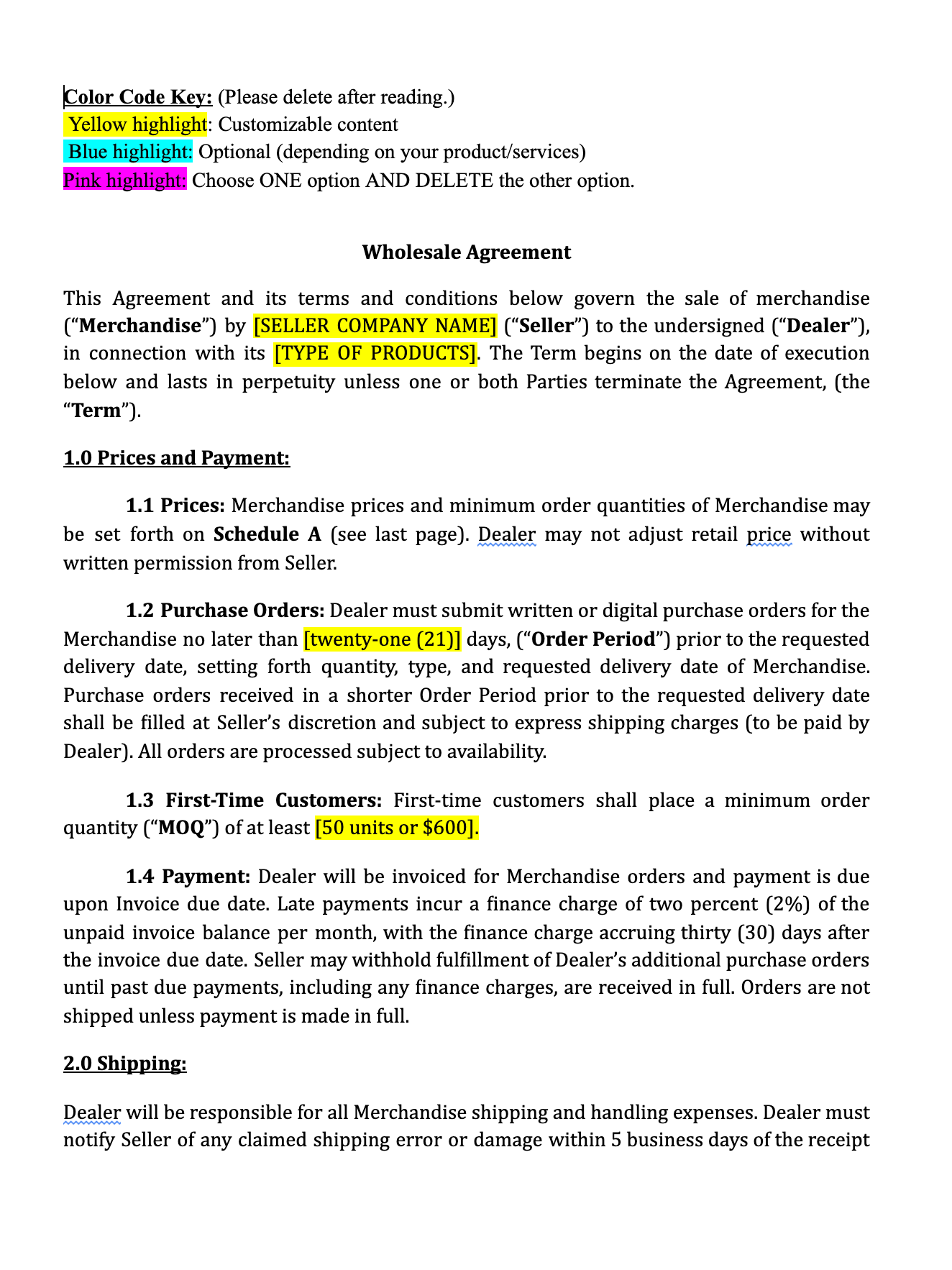 Wholesale Retail Agreement