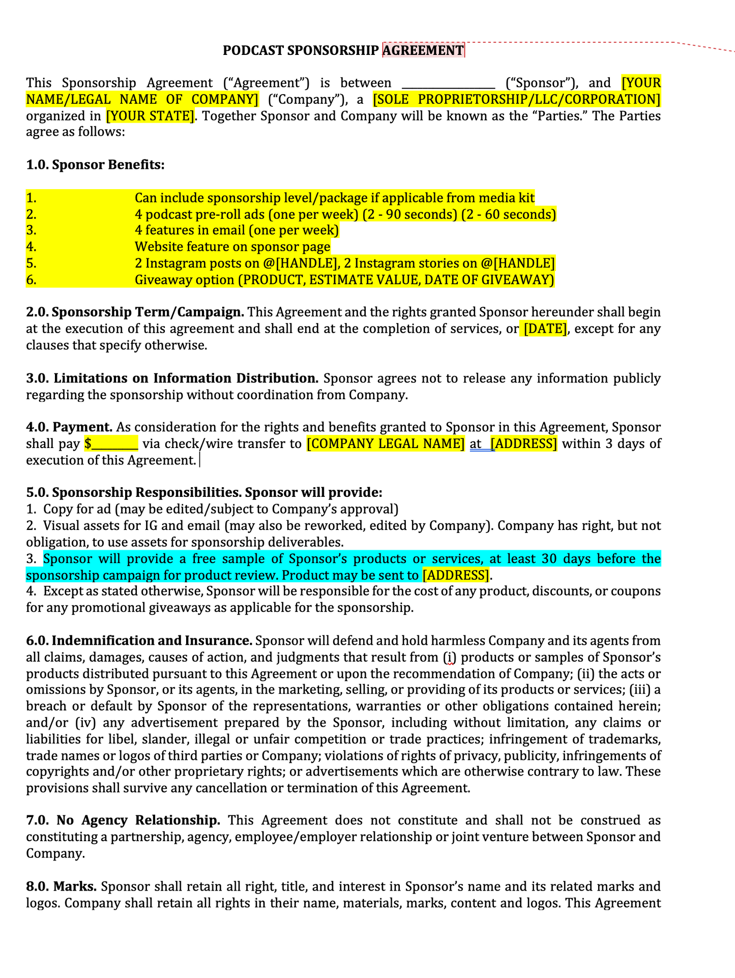 Podcast Sponsorship Agreement Template