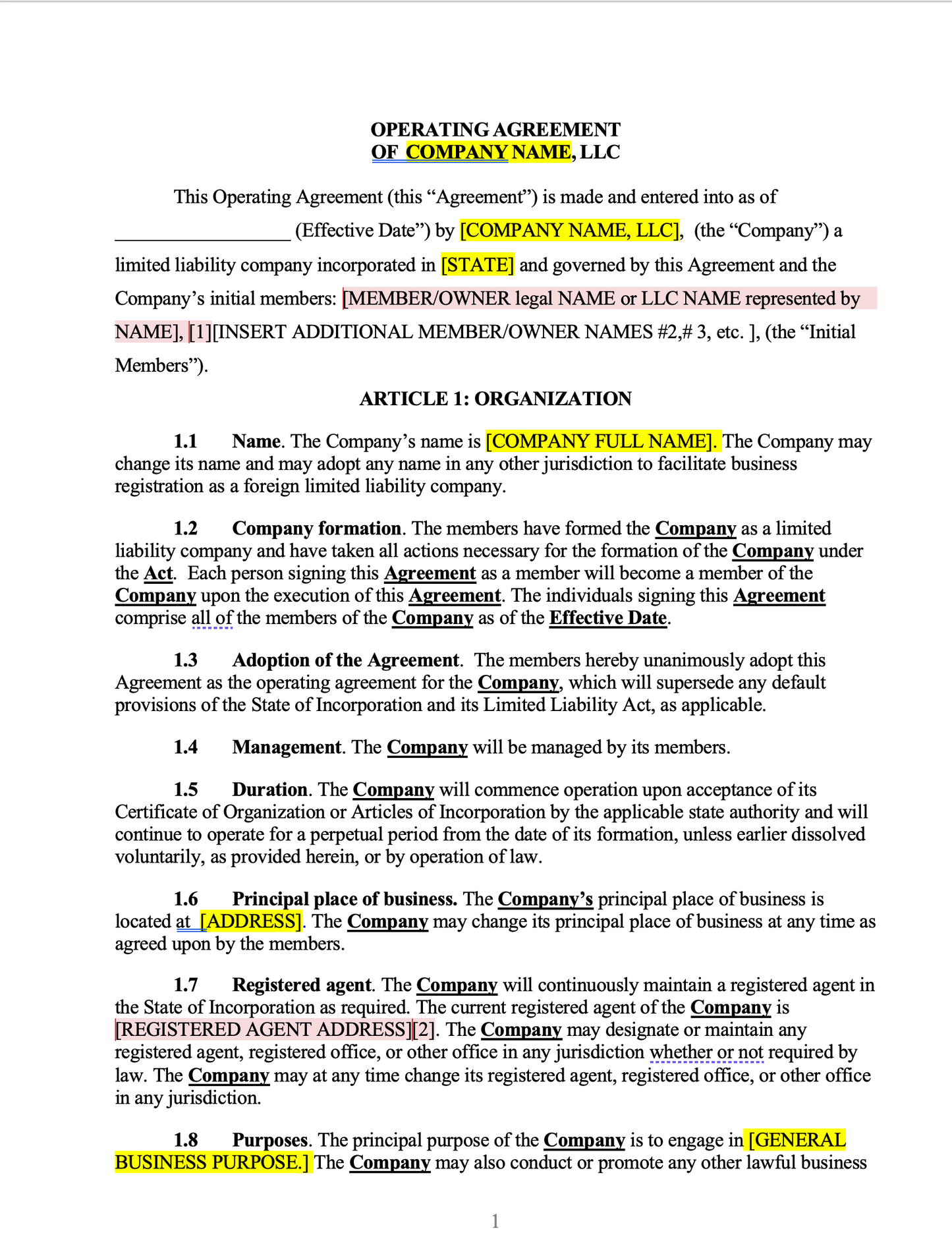 LLC Operating Agreement Template