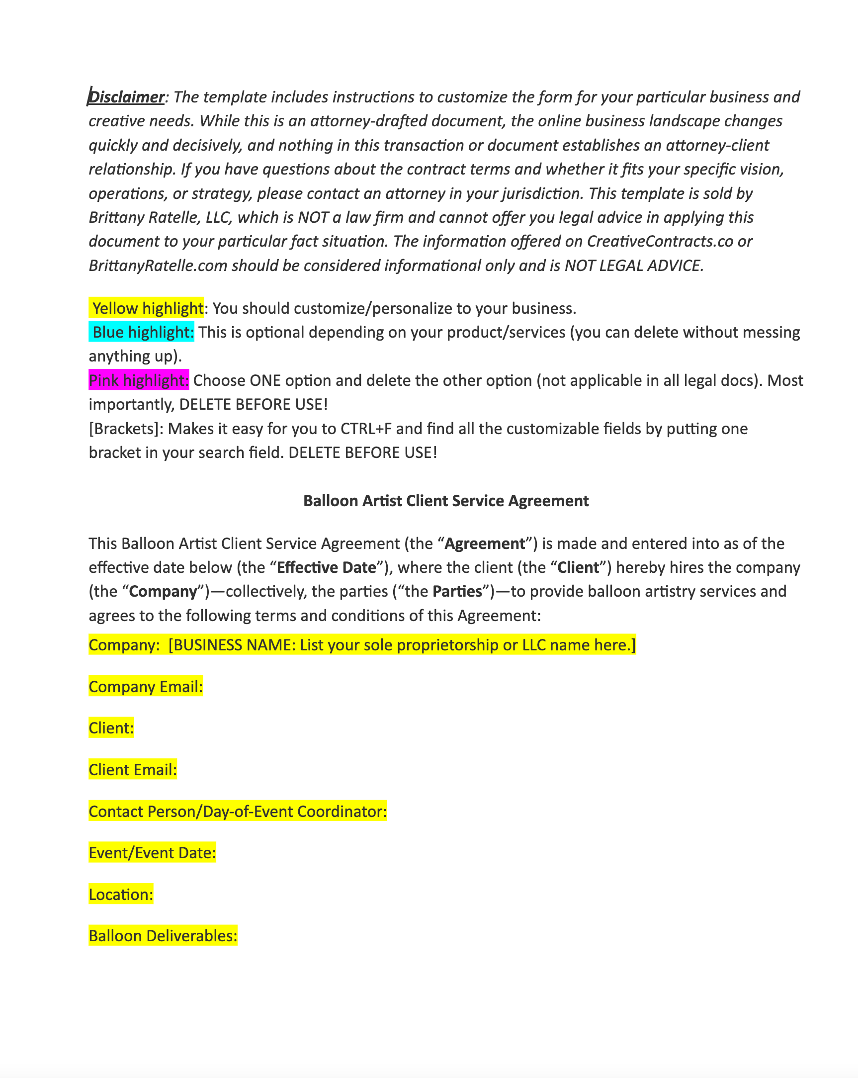 Balloon Artist Agreement – Creative Contracts