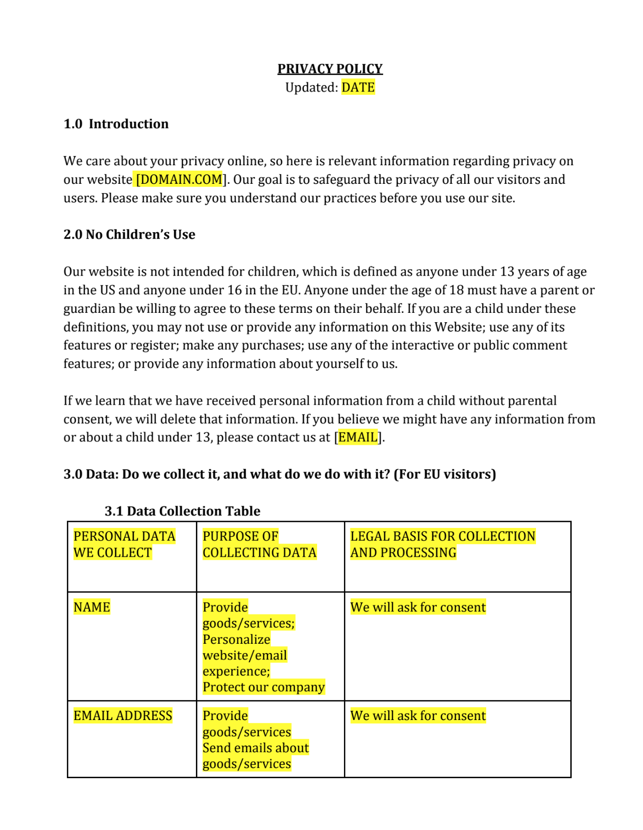 Website Privacy Policy Template - GDPR, CCPA Compliant